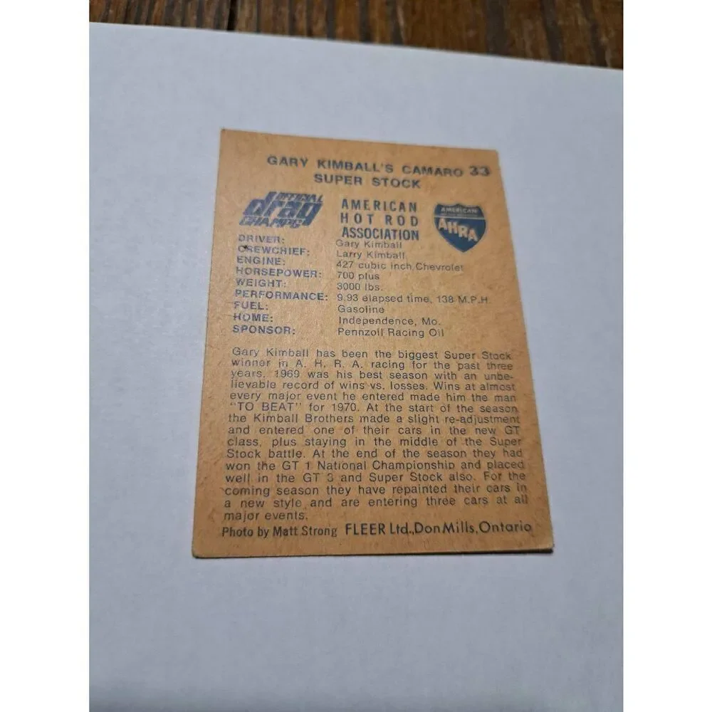 Vintage 1971 Fleer Gary Kimball Camaro Super Stock Drag Champs AHRA Trading Card